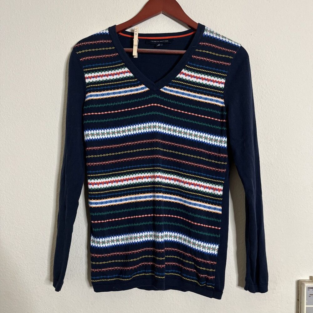 Tommy Hilfiger Preppy Cotton Knit Striped V Neck Long Sleeve Sweater Top SZ S